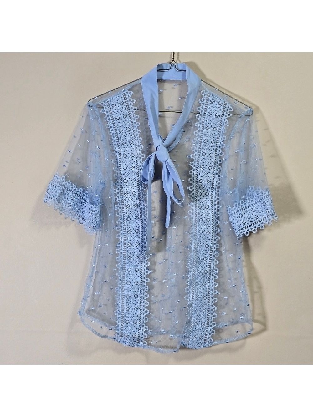 Mesh sheer short sleeves with lace blouse color light blue size medium